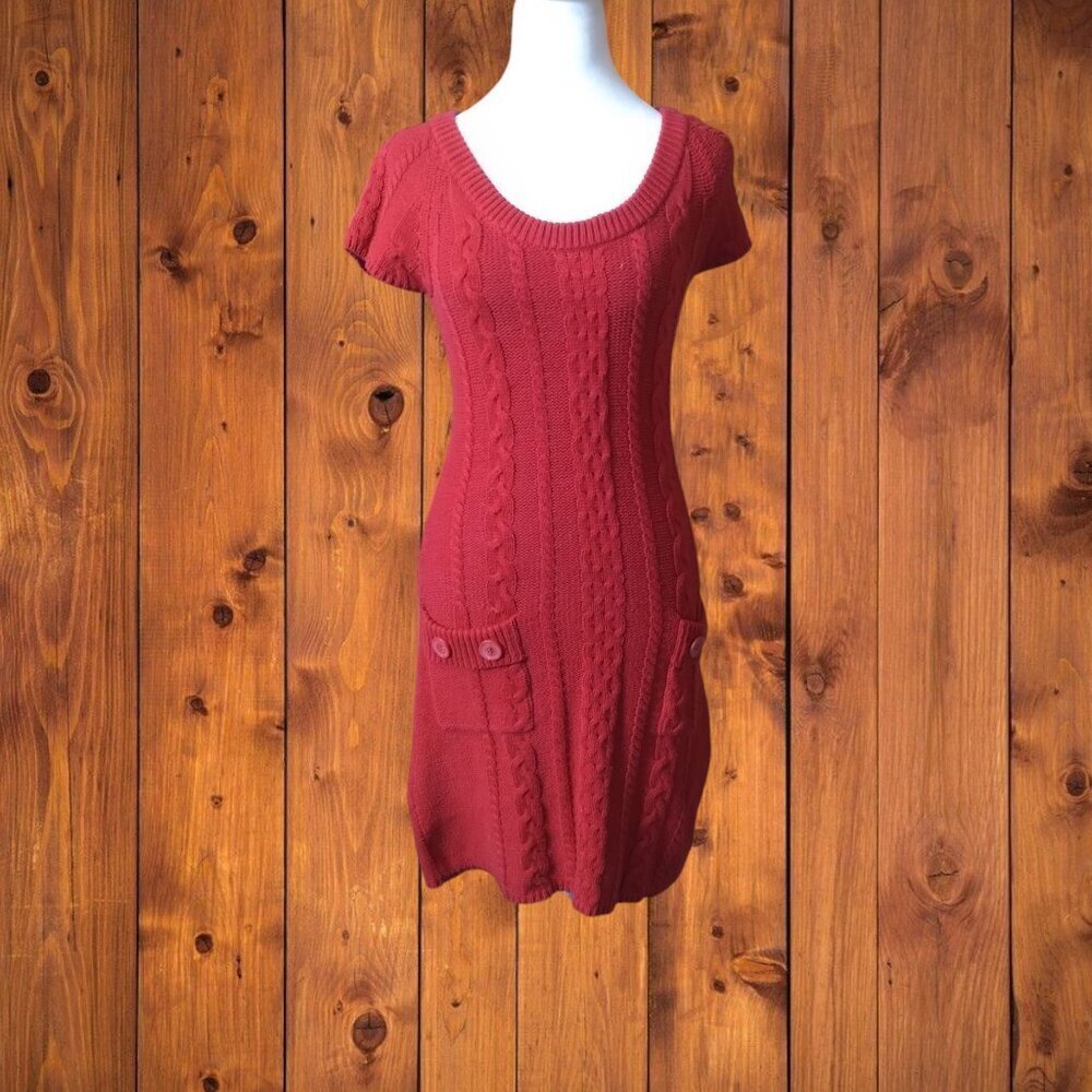 Red Camel Women's Small Red Chunky Cable Knit Short Sleeve Sweater Dress Pockets